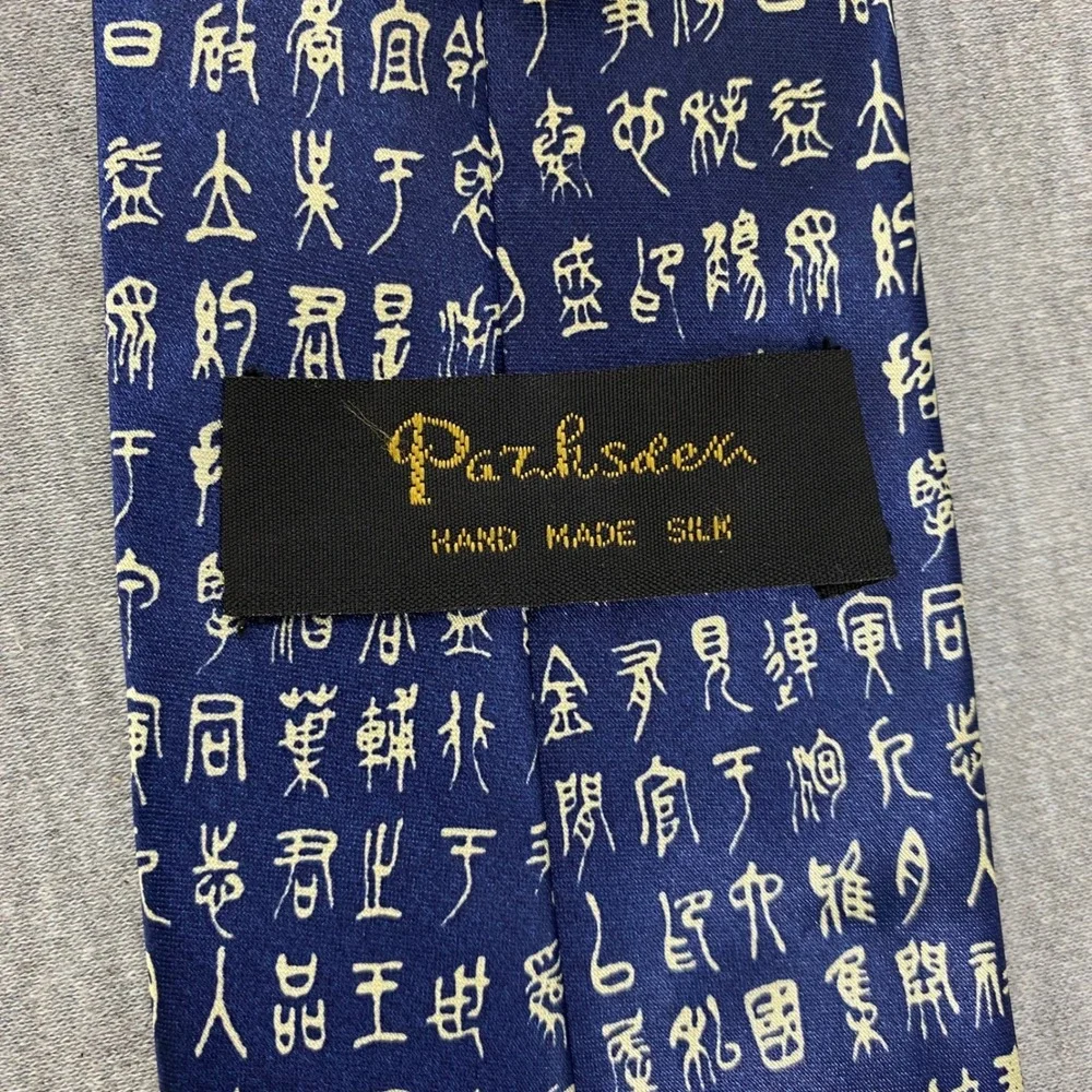 Parksden‎ Hand Made Silk Necktie Blue Chinese Calligraphy Characters Pattern